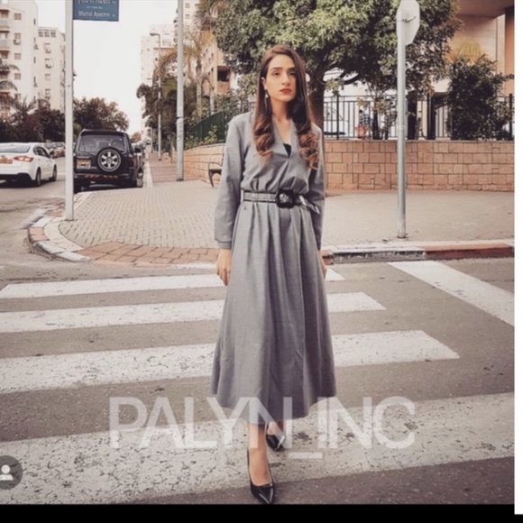 Zara Woman Elegant Flowing Pleated Maxi Dress Gray Long Sleeve Belted M - Picture 2 of 9